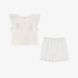 Patachou-Girls Ivory & White Cotton Shorts Set | Childrensalon