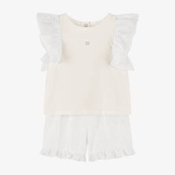 Patachou-Girls Ivory & White Cotton Shorts Set | Childrensalon