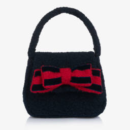 Girls Navy Blue Bouclé Handbag with Red Bow Trim (20cm)