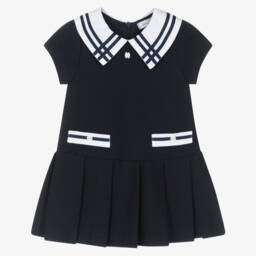 Patachou-Girls Navy Blue Cotton Jersey Dress with White Trims | Childrensalon