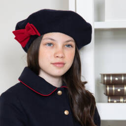 Patachou-Girls Navy Blue Wool Beret with Red Bow | Childrensalon