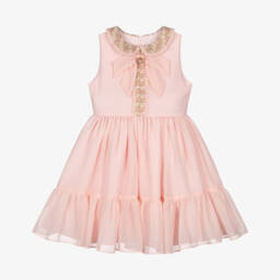 Patachou-فستان شيفون مزين بفيونكة وتفاصيل تويد برّاقة لون زهري للبنات | Childrensalon