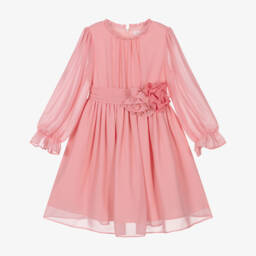 Patachou-Girls Pink Chiffon Dress with Floral Appliqué | Childrensalon