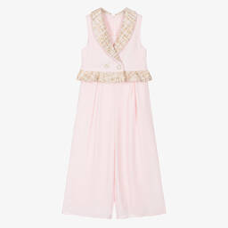 Patachou-Girls Pink Chiffon & Tweed Jumpsuit | Childrensalon