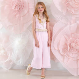 Patachou-Girls Pink Chiffon & Tweed Jumpsuit | Childrensalon