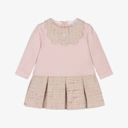 Patachou-Girls Pink Cotton Jersey & Tweed Pleated Dress | Childrensalon