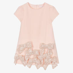 Patachou-Girls Pink Crêpe Dress with Sequin Bows | Childrensalon