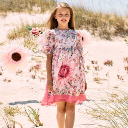 Patachou-Girls Pink Floral Chiffon Dress | Childrensalon