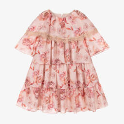 Patachou-Girls Pink Floral Chiffon Dress with Lace Trim | Childrensalon