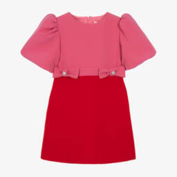 Girls Pink & Red Crêpe Dress with Bow Details 
