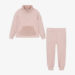 Patachou-Girls Pink Ribbed Tracksuit with Faux Fur Trims | Childrensalon