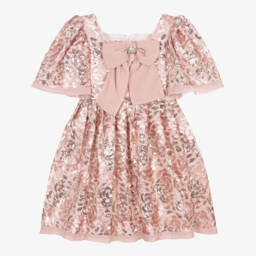 Patachou-Girls Pink Sequinned Lace Dress with Crêpe Bow | Childrensalon
