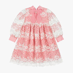 Patachou-Girls Pink & White Floral Lace Dress with Crêpe Bow | Childrensalon