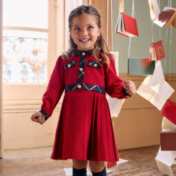 Patachou-Girls Red & Blue Tartan Trim Twill Dress | Childrensalon