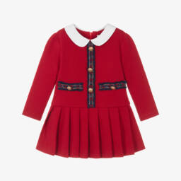 Girls Red Cotton Jersey Dress with Tartan Trims