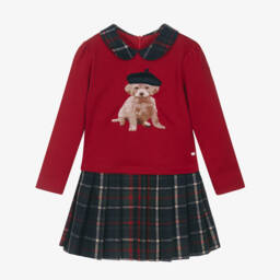 Patachou-Girls Red Cotton Jersey & Tartan Dress | Childrensalon