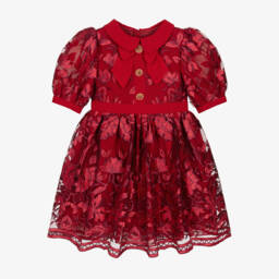 Patachou-Girls Red Floral Embroidered Tulle Dress | Childrensalon