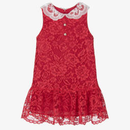Patachou-Girls Red Lace Dress with Chiffon Bow | Childrensalon