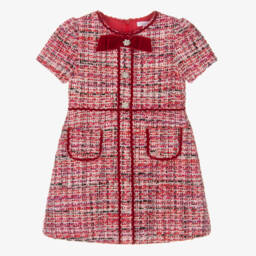 Patachou-Girls Red Tweed Dress with Velvet Bow | Childrensalon