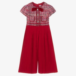 Patachou-Girls Red Tweed Pleated Jumpsuit with Velvet Bow | Childrensalon