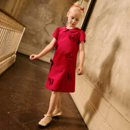 Patachou-Girls Red Twill Dress with Flower Appliqués | Childrensalon