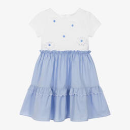 Patachou-Girls White & Blue Cotton Dress | Childrensalon