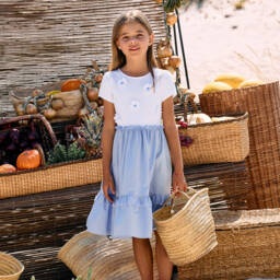 Patachou-Girls White & Blue Cotton Dress | Childrensalon