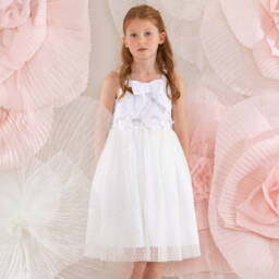 Patachou-Girls White Crêpe & Tulle Dress | Childrensalon