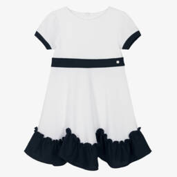 Patachou-Girls White & Navy Blue Cotton Piqué Dress | Childrensalon