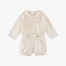 PAZ Rodríguez-Baby Boys Beige Cotton Buster Suit with Lace Trims | Childrensalon