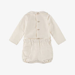 PAZ Rodríguez-Baby Boys Beige Cotton Buster Suit with Lace Trims | Childrensalon