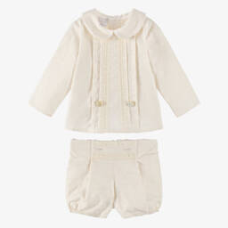 PAZ Rodríguez-Baby Boys Beige Cotton Buster Suit with Lace Trims | Childrensalon