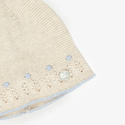 PAZ Rodríguez-Baby Boys Beige Cotton & Cashmere Knit Hat with Blue Trims | Childrensalon