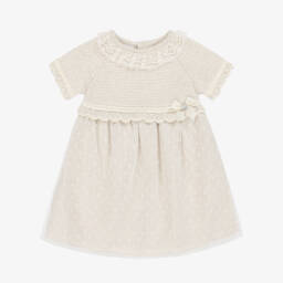 PAZ Rodríguez-Baby Girls Beige Tulle & Cotton Knit Dress | Childrensalon