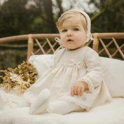 PAZ Rodríguez-Baby Girls Ivory Cotton Dress & Bonnet Set with Lace Trim | Childrensalon