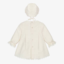 PAZ Rodríguez-Baby Girls Ivory Cotton Dress & Bonnet Set with Lace Trim | Childrensalon