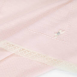 PAZ Rodríguez-Baby Girls Pale Pink Lace Trim Merino Wool Knit Shawl (108cm) | Childrensalon