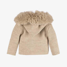 PAZ Rodríguez-Beige Knitted Jacket with Faux Fur Collar | Childrensalon