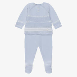 Boys Pale Blue Knitted Wool 2 Piece Babygrow