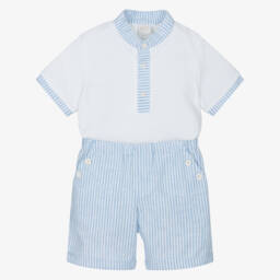PAZ Rodríguez-Boys White & Blue Cotton Shorts Set | Childrensalon