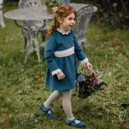 PAZ Rodríguez-Girls Blue Velvet Dress with Ivory Trim | Childrensalon