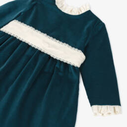 PAZ Rodríguez-Girls Blue Velvet Dress with Ivory Trim | Childrensalon