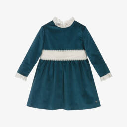 PAZ Rodríguez-Girls Blue Velvet Dress with Ivory Trim | Childrensalon