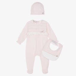 Girls Pink Velour Babysuit Set with Hat & Bib