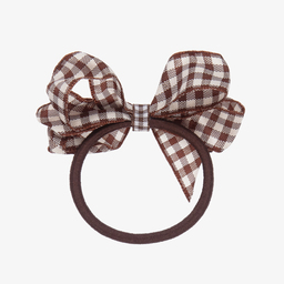 Peach Ribbons-Brown Gingham Hair Elastic (7cm) | Childrensalon