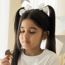 Peach Ribbons-White Bow Hair Elastic (7cm) | Childrensalon