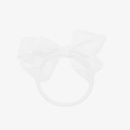 Peach Ribbons-White Bow Hair Elastic (7cm) | Childrensalon