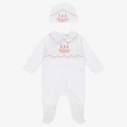 Peter Rabbit™ by Childrensalon-Girls White Cotton Babygrow & Hat with Pink Embroidery | Childrensalon