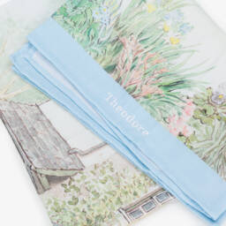 Peter Rabbit™ by Childrensalon-Personalised Ivory & Blue Cotton Swaddle (100cm) | Childrensalon