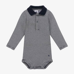 Petit Bateau-بودي سوت أطفال ولادي مقلم قطن جيرسي لون كحلي وأبيض | Childrensalon